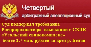 Суд поддержал требование Росприроднадзора о взыскании с СХПК «Усольский свинокомплекс» более 2,7 млн. рублей за вред р. Белая